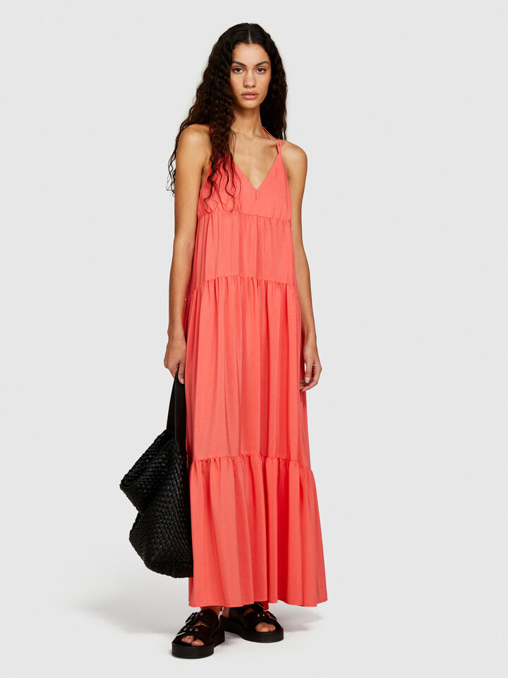 Long dress with ruffle - women's long dresses - Coral | Sisley image number 1